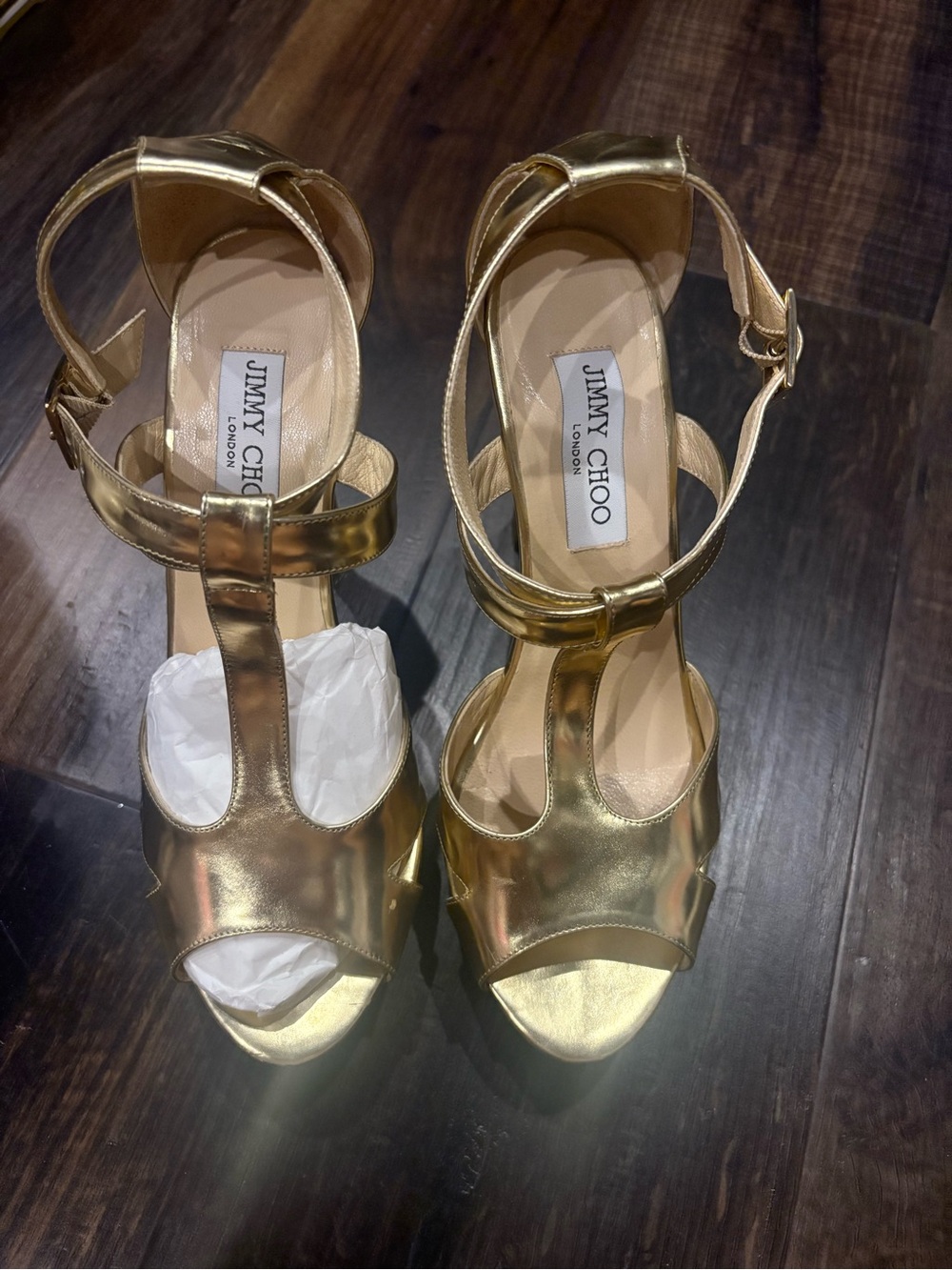 Jimmy Choo Metallic Gold T-Strap High Heels